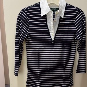 Lauren Ralph Lauren Navy and White Striped Polo Shirt with White Collar